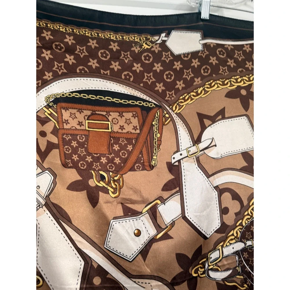 Designer Inspired Monogram Handbag Print Square Scarf Brown Tan Gold Chain